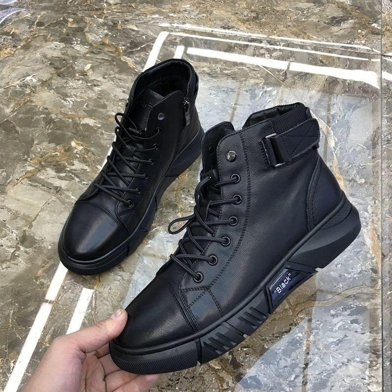 Men's Pure Leather Martin High Top Boots with Side Zipper, Soft Sole, Fur-Lined, Plus Velvet Warm Snow Boots.