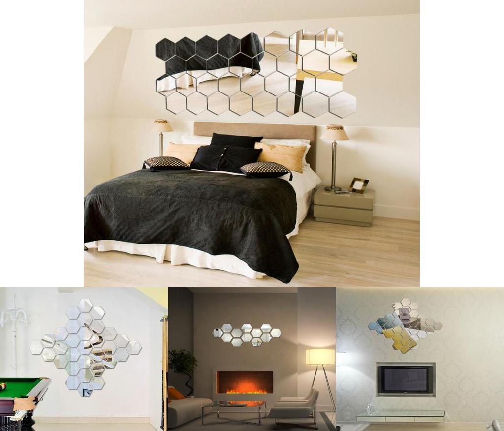 Elegante silberne sechseckige Acryl-3D-Spiegelwandaufkleber für Wohnzimmer und Schlafzimmer