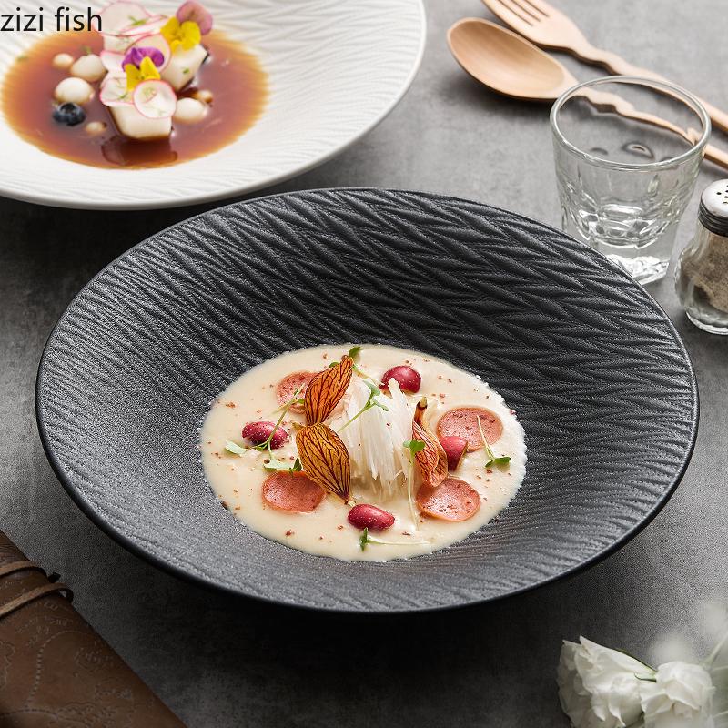 Pure White Relief Texture Ceramic Salad Bowl Restaurant Pasta Dessert Bowl Thick Soup Bowl Molecular Food Creative Tableware
