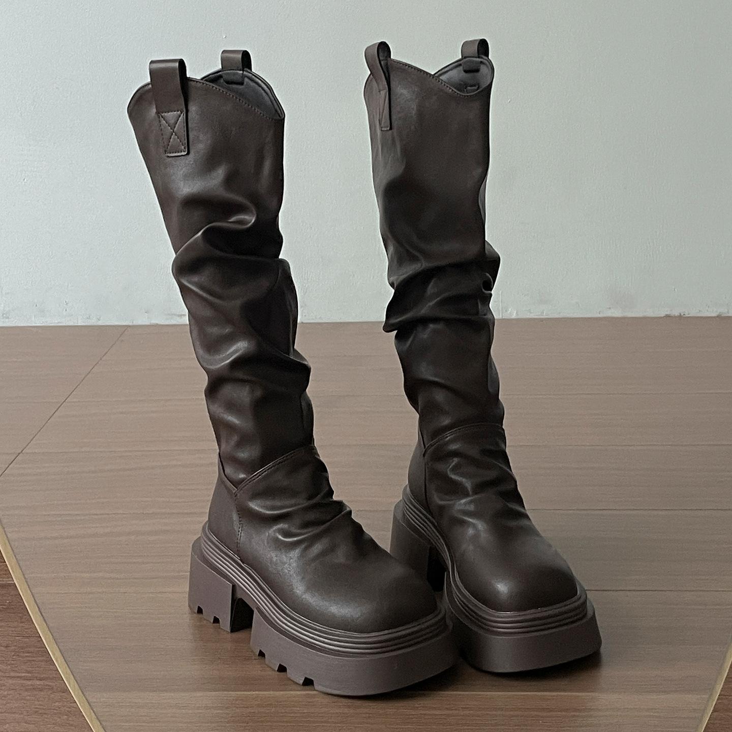 

Brown Vintage Maillard Platform Boots Women s Boots 2025 New Autumn Height Increasing Skinny Knight Long Boots 39 коричневый