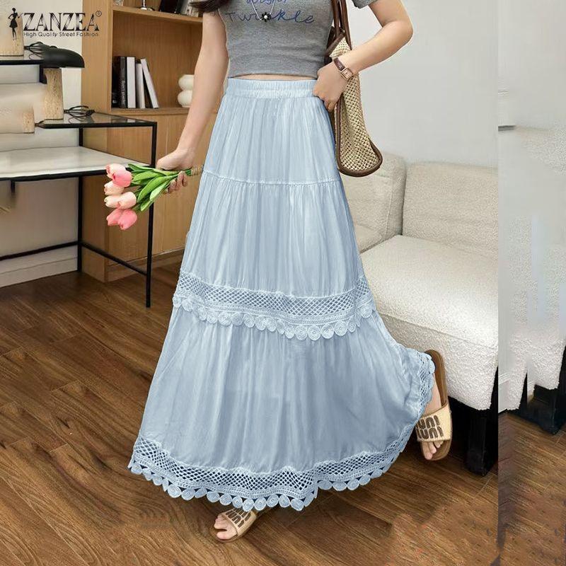 ZANZEA Womens Casual Elastic Waist Loose Elegant Long Skirts