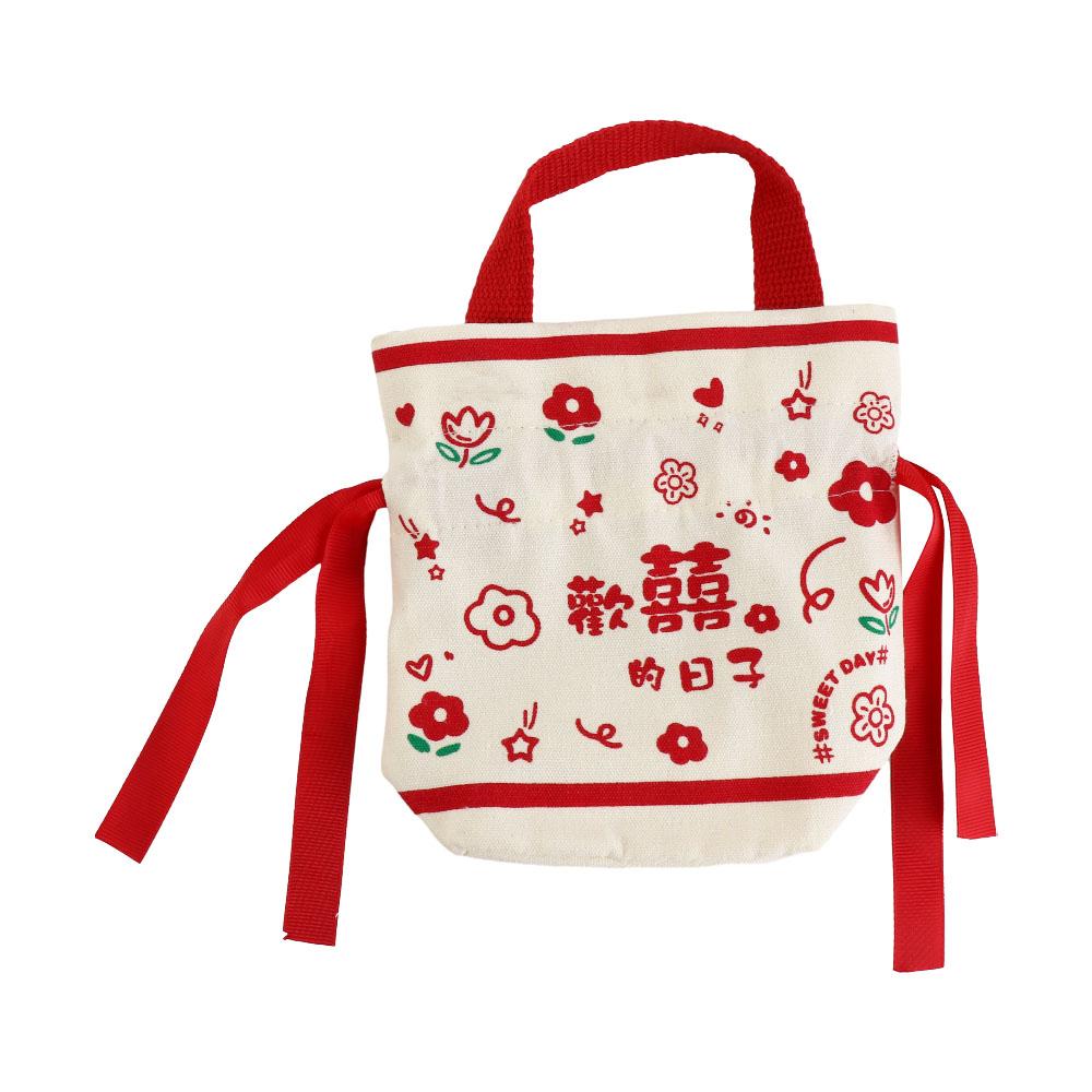Letter Canvas Drawstring Bag Floral Bowknot Handbag Elegant Festive Sugar Bag Party