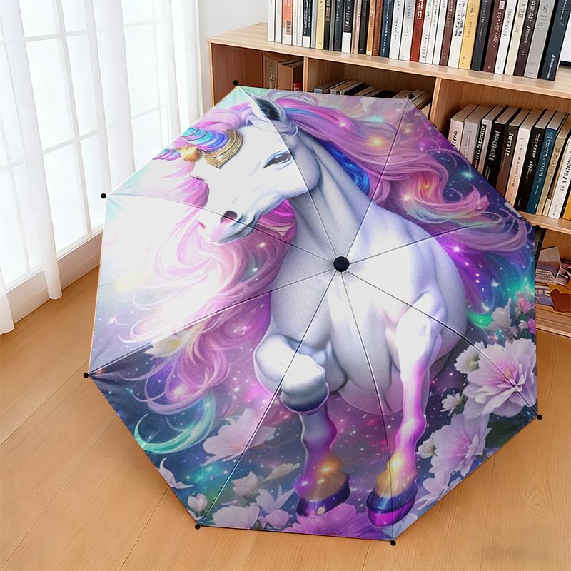 1pc Dreamy Rainbow Unicorn Umbrella Portable Folding Umbrella Iron Frame Hole Bone Structure Outdoor Home Umbrella