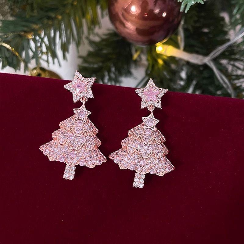 Fashion Christmas Tree Zircon Crystal Star Silver Color Earrings Stud Dangle Xmas  Women Party Gift Hot Sale