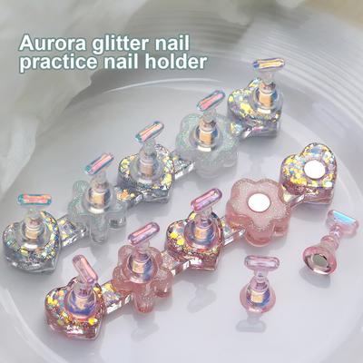 New Magnetic Nail Holder Practice Display Stand Resin Laser Aurora Ice Transparent Heart Base Showing Shelf Nail Art Tool