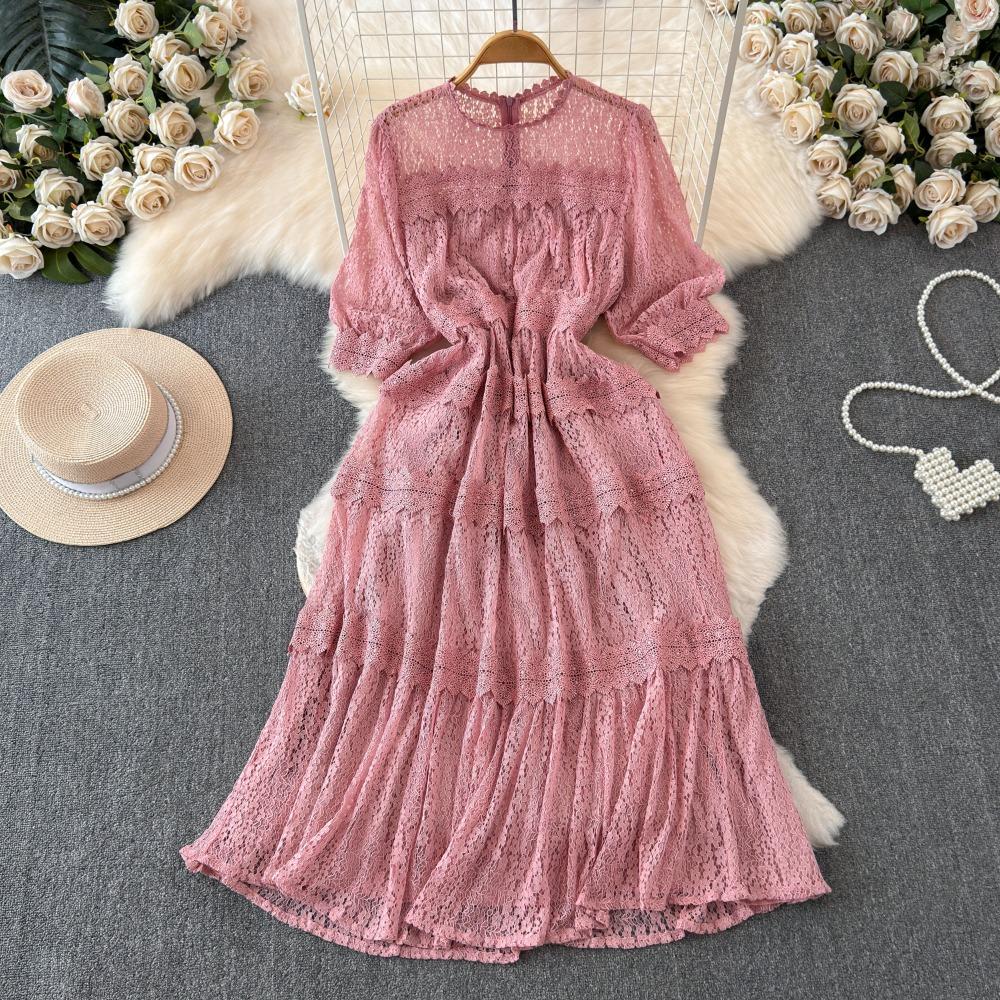 

Платье с высокой талией и круглым вырезом, рукавами-фонариками, женское, пэчворк, кружево, ажурное, для пожилых людей, облегающее, во французском стиле, со сборками, новое One Size розовый