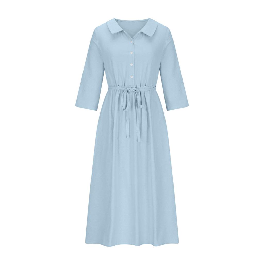 2026 Summer Trendy Lapel Dress: Cotton & Linen, Five-Point Sleeve, Long Skirt