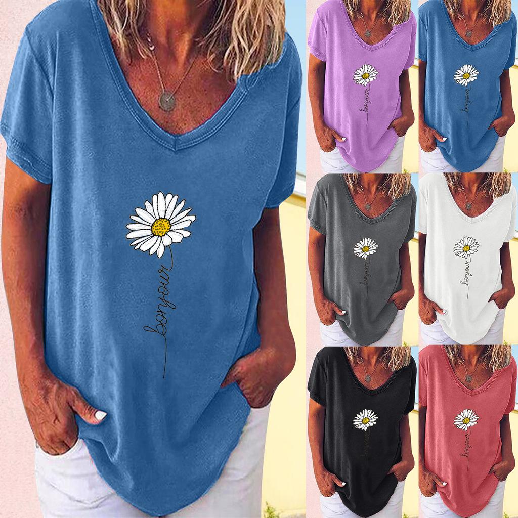 Women V-neck Casual Short-sleeved Small Print Loose Pullover T-shirt Tops