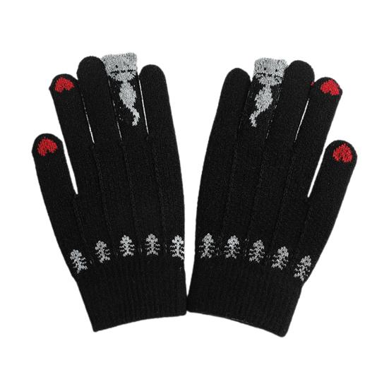 

1 Pair Heart Cats Pattern Ribbed Cuffs Touch Screen Student Gloves Winter Thickened Fleece Lining Knitting Gloves чёрный