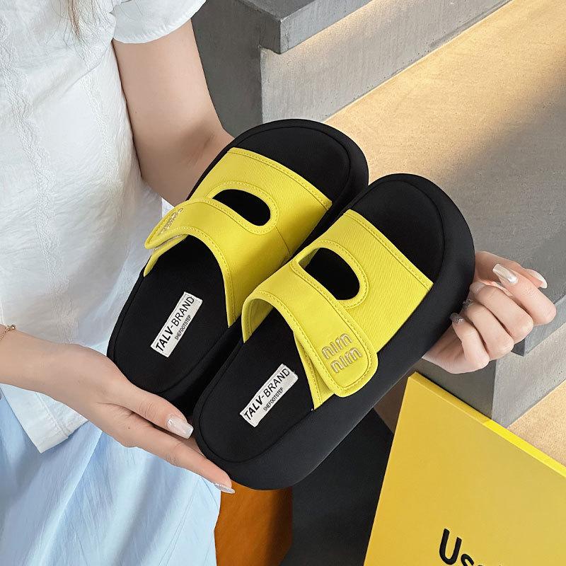Thick bottom heightening Velcro one-word slippers women's summer new versatile light fashion casual sandals