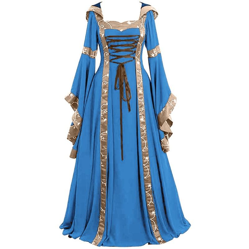 European and American Medieval Retro Hooded Dress Square Collar Lace-up Horned Sleeve Large Swing Dress Halloween Dress Cosplay Costume