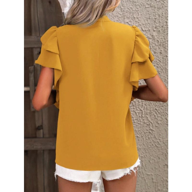 VEZFAA Damenmode, lässig, Sommer, Frühling, einfarbig, bedruckt, kurzärmelig, V-Ausschnitt, Blusen und Hemden