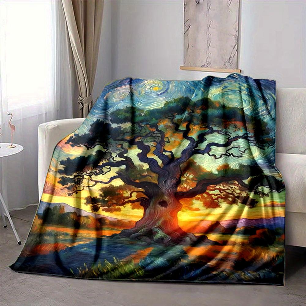 1pc Tree Sunset Pattern Blanket, Lightweight Flannel Throw Blanket for Sofa, Bed, Travel, Camping, Living Room, Office, Couch026