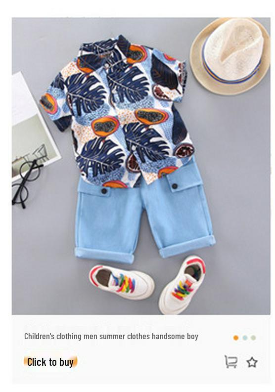 Boys' Leaf Print Stand Collar Short Sleeve Fashion Shirt Set