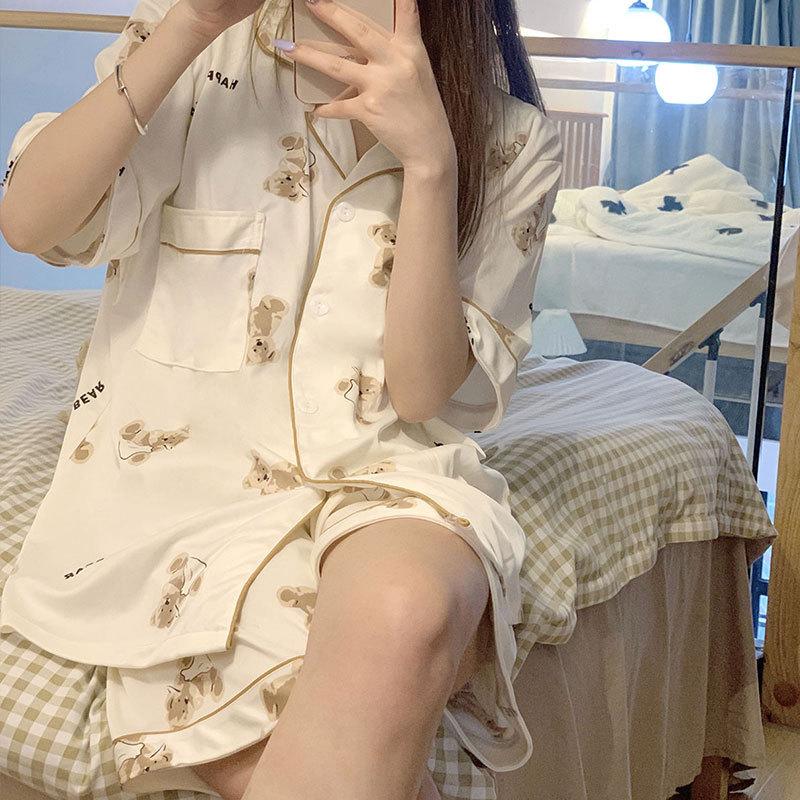 GMXIA High-quality Cotton-like Cute Cardigan Short-sleeved Student Pajamas for Women, Sweet Summer Style for Women's Home Wear