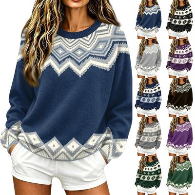 Damen Lässiger Strickpullover mit langen Ärmeln, geometrischem Muster und Rundhalsausschnitt