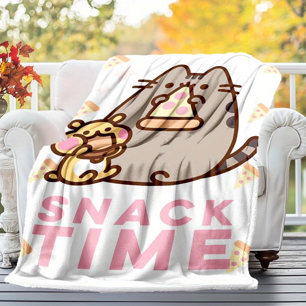 1ks Pusheen Tématická deka z flanelu se svačinkovým designem - 3D tištěná měkká teplá, lehká přikrývka pro všechna roční období pro kempování, cestování, postel -080735
