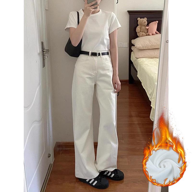 Women's White High-Waist Wide-Leg Jeans - Plus Size, Pear-Shaped Fit, Slimming and Loose for Autumn