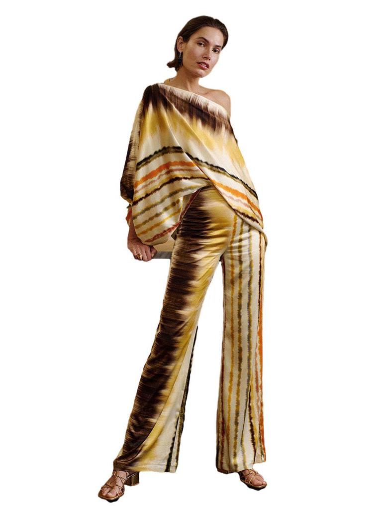 D9713 Women's Casual Satin Print One-Shoulder Top & Long Pants Two-Piece Set
