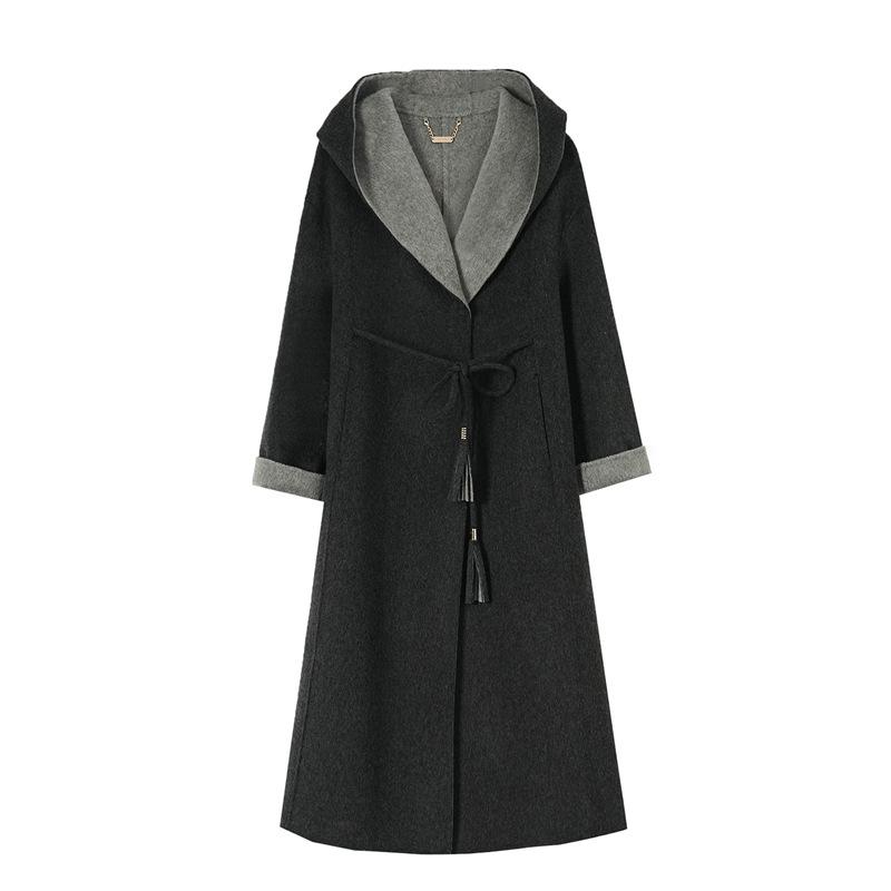 Hooded Double-Sided Long Wool Coat Bathrobe with Tie Waist - Autumn/Winter Korean Fashion Women's Outerwear