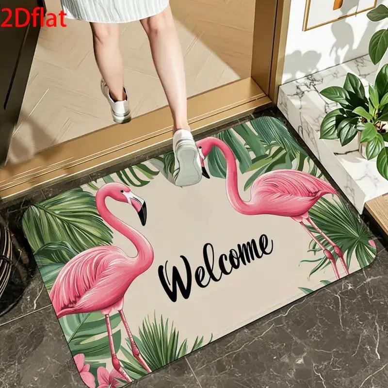 VIKAMA Pink Flamingo Welcome Doormat Tropical Palm Leaf Non Slip Entrance Floor Mat for Entryway Patio Bathroom Rug