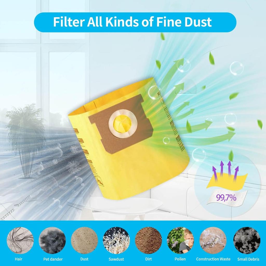 6 Packs Type D High Efficiency Filter Bags for 4 Gallon Wet/Dry Vacuums, Part #91964