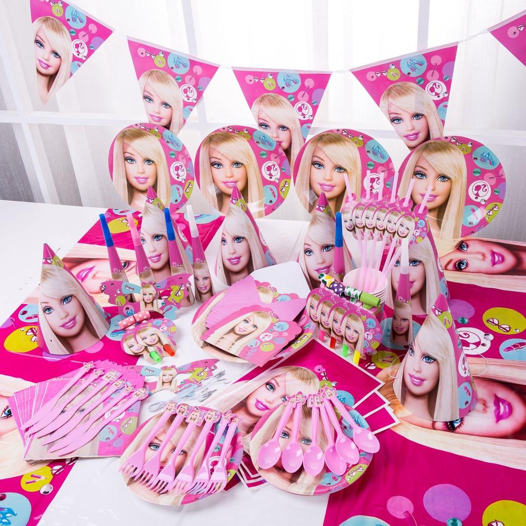 Suministros de Cumpleaños Rosas de Muñeca Barbie Para Niñas Con Vajilla y Juguetes Completos