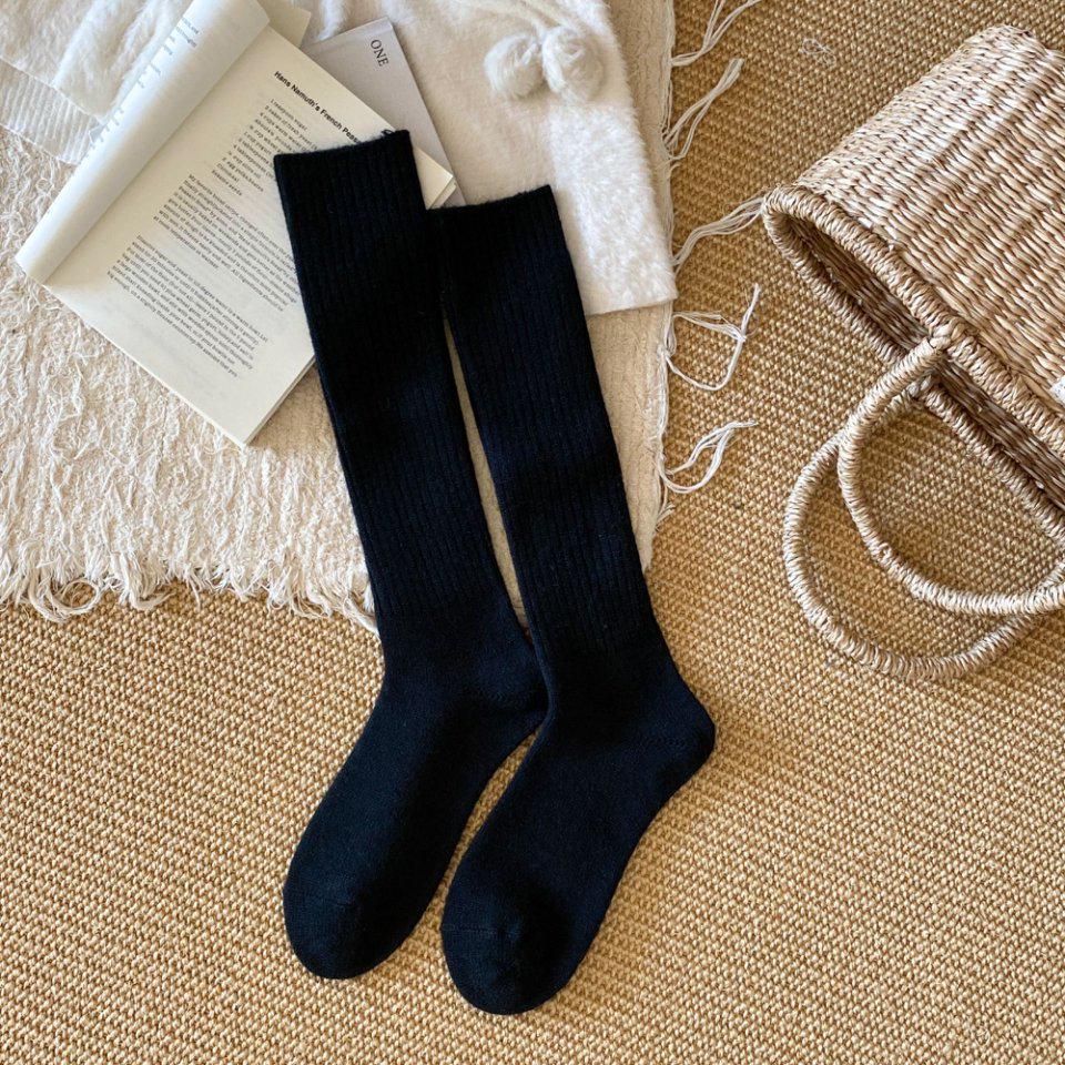Winter Wool Double-Needle Vertical Stripe Thigh-High Socks - Thick, Warm, Slimming for Girls
