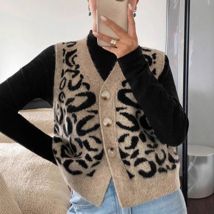 

Женская осенне-зимняя мода Элегантный V-образный вырез Открытая планка Воротник на пуговицах Без рукавов Леопардовый принт One size