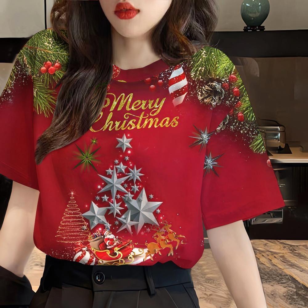 Christmas T-shirt Women's Santa Claus Printed T-shirt Fully Sublimation Fashion T-shirt Top