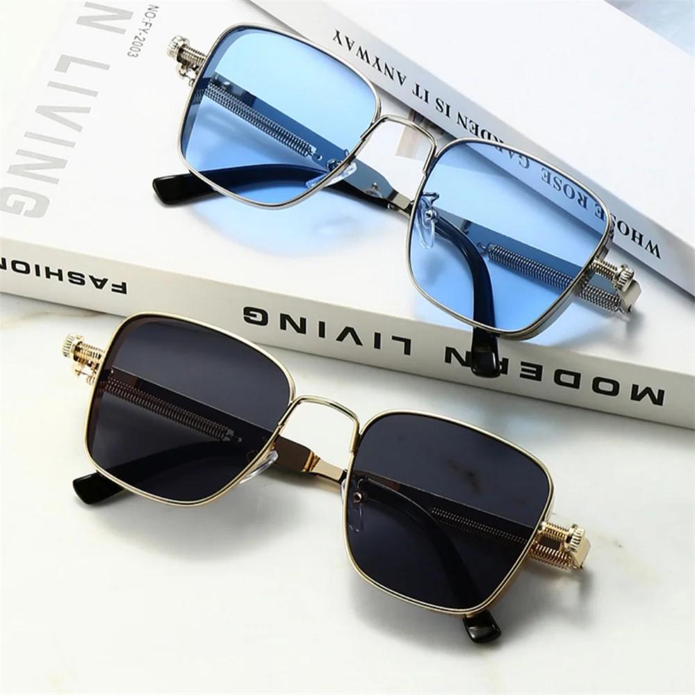 Men's Vintage Steampunk Driving Sun Glasses Square Metal Frame Sun Glasses with Spring Hinges Women Trendy Shades Driver Glasses
