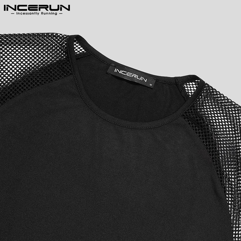 INCERUN Sommer Herren Mesh Patchwork Rundhals Kurzarm Tops Atmungsaktiv
