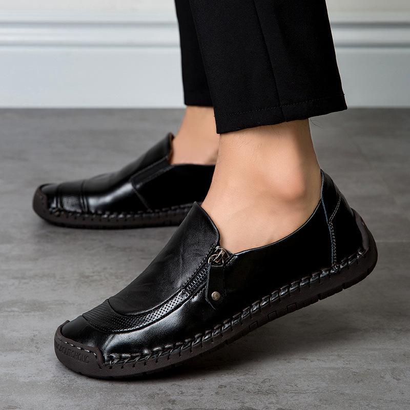 Large Size Men's Spring and Autumn Casual Single Shoes Fashionable Side Zipper Handmade Shoes Fashionable and Comfortable Driving Shoes Leather Shoes
