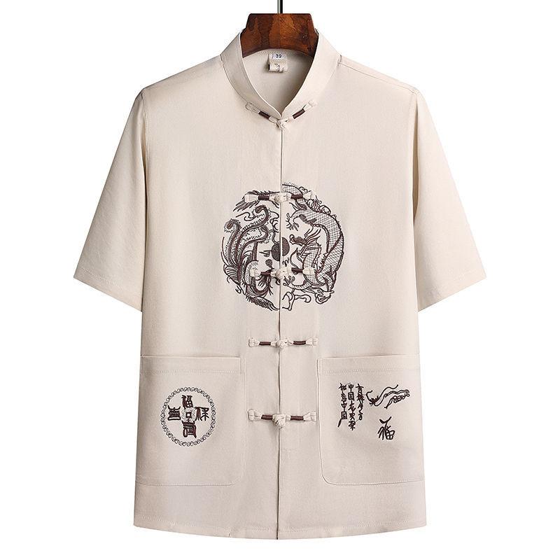 Chinese Style Mens Short Sleeve Suit With Dragon Phoenix Pattern Embroidery For Summer Casual Wear