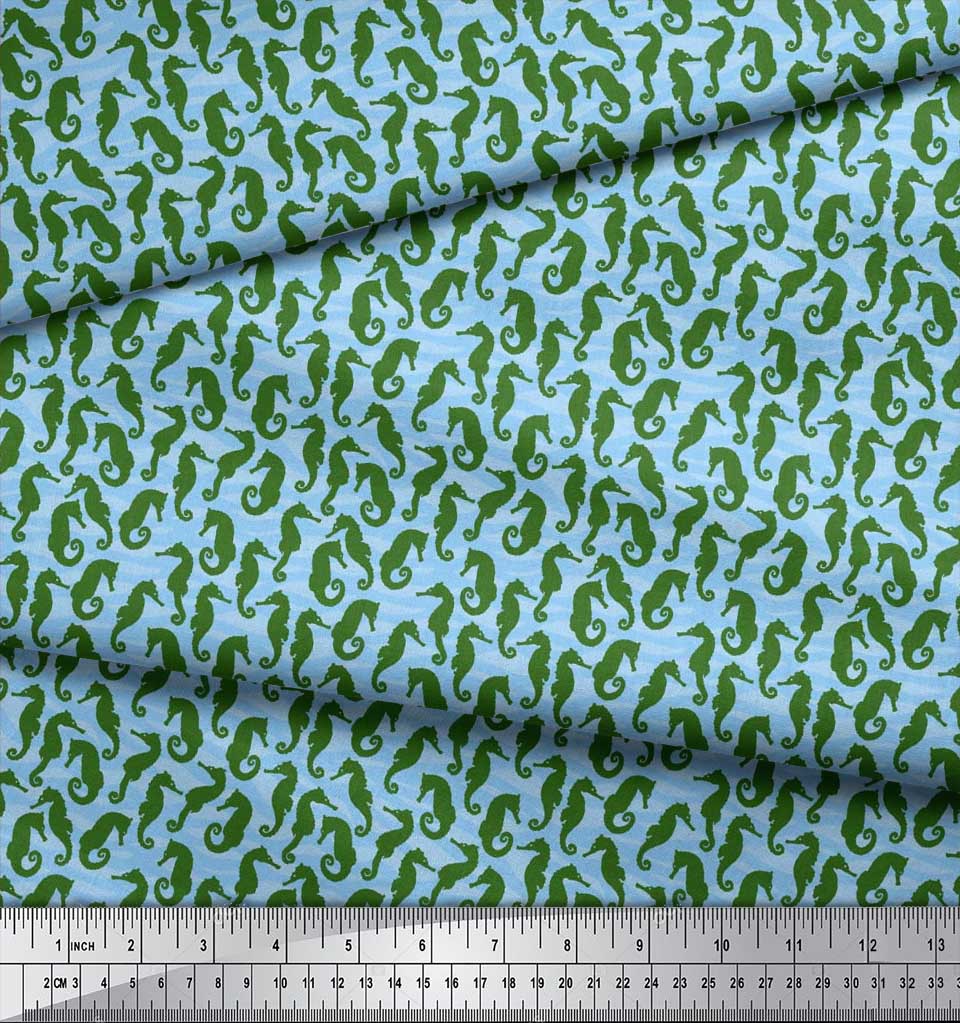 Soimoi Japan Crepe Satin Fabric Sea Horse Ocean Printed Craft Fabric by the metre 42 Inch
