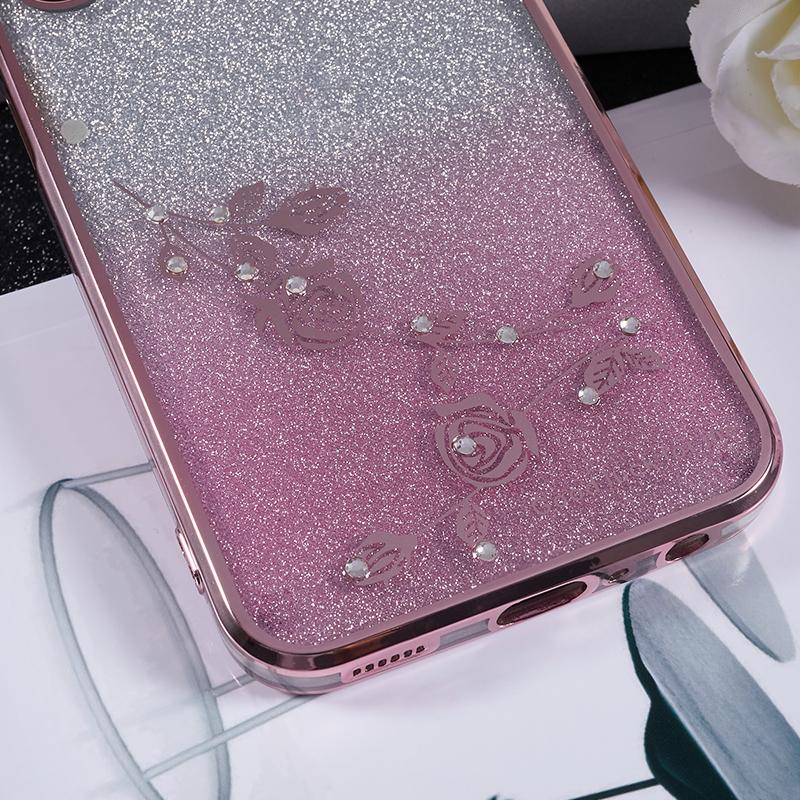 KADEM For Samsung Galaxy A24 4G (162.1 x 77.6 x 8.3mm) Flower Pattern Phone Case Rhinestone Decor Gradient Glitter TPU Cover