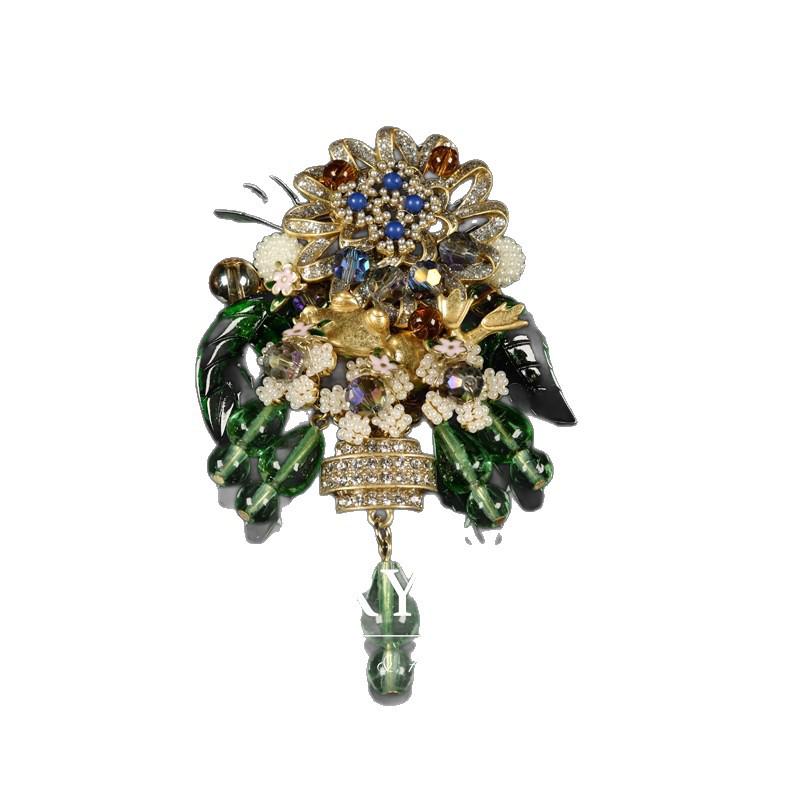 Vintage Hand-Woven Rhinestone Flower Brooch with Glass Pendant