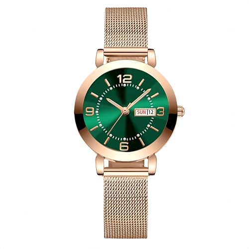 Women s Watch with Stainless Steel Strap, Calendar, and Luminous Light (Green)