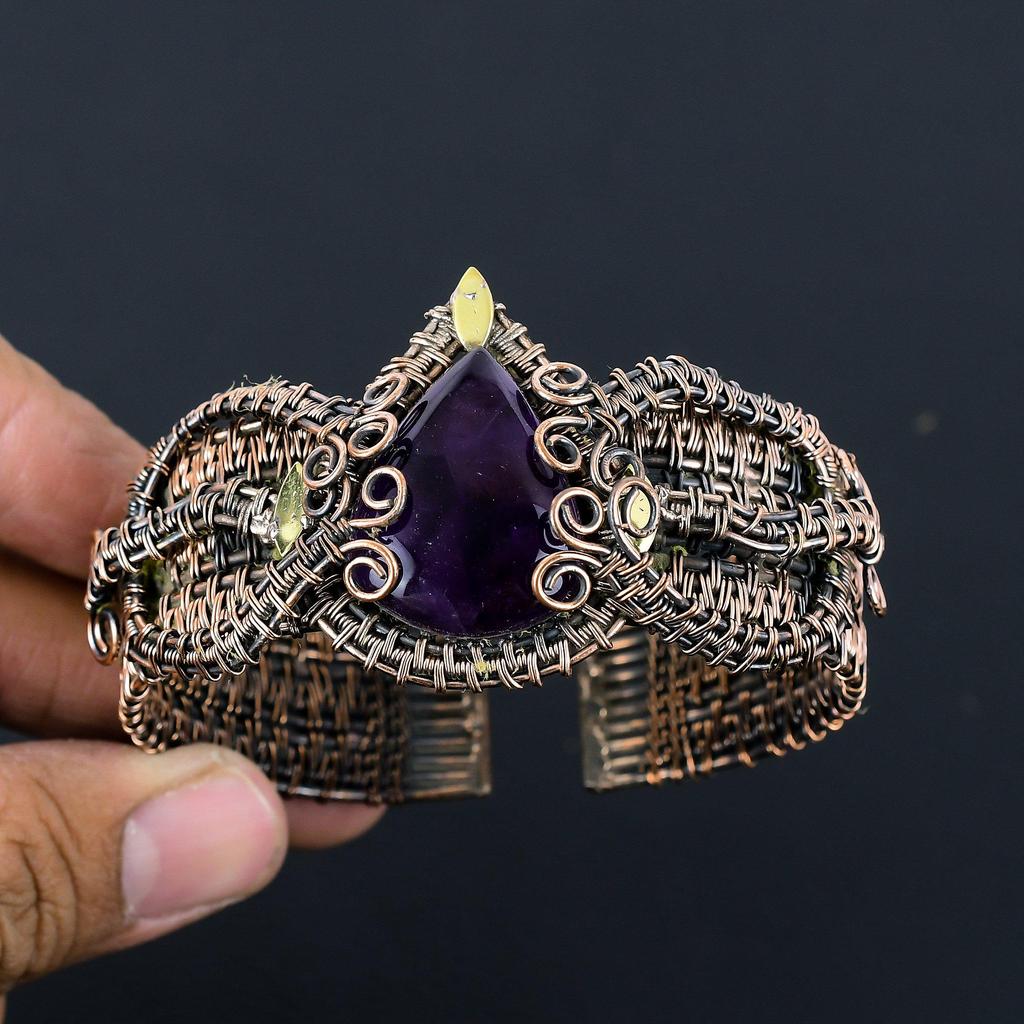 Ametist Ädelsten Handgjord Koppartråd Wrap Smycken Justerbart Armband för Hennes