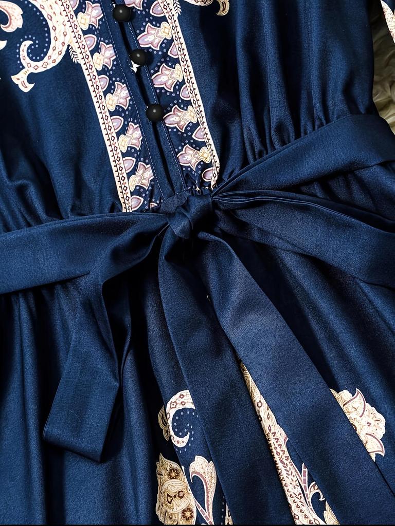 Frühlingshaftes Französisches Retro-Print-Kleid mit V-Ausschnitt, Laternenärmeln und Taillenbindeband