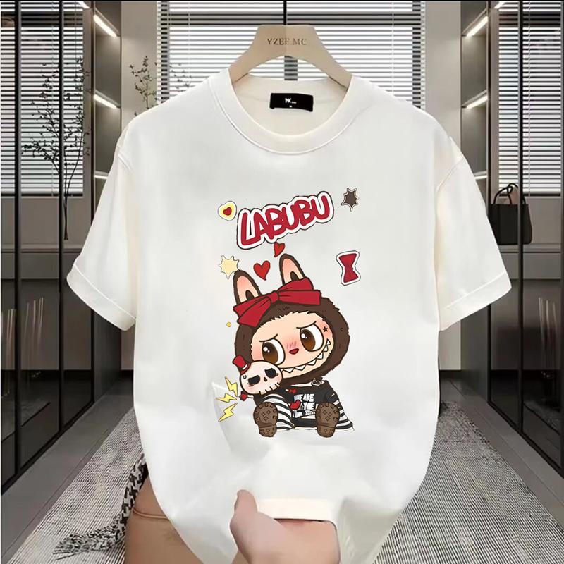 Polyester Fiber Material Fun Cartoon 3D Printing Labbubu Loose Short-sleeved T-shirt Round Neck Top Unisex