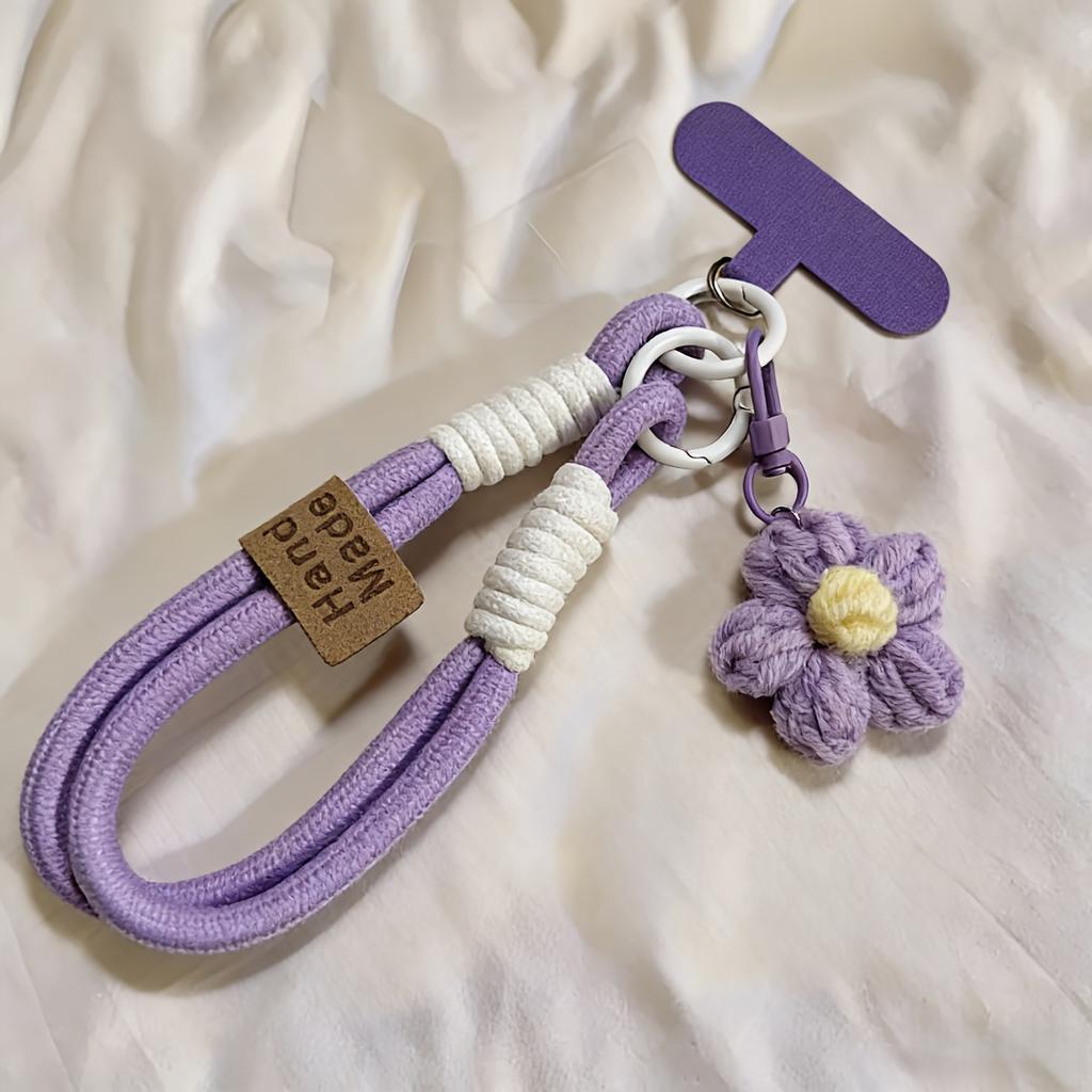 Hand-knitted Cell Phone Lanyard - With Flower Keychain Charm