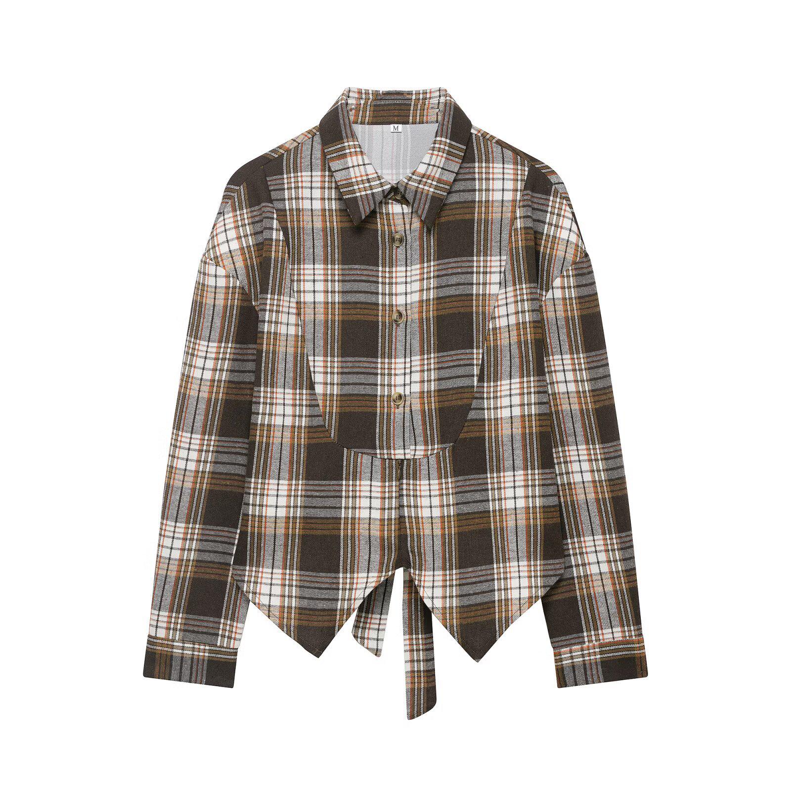 TAOP&ZA Women s Spring 2026 Plaid Bow Lapel Long Sleeve Shirt M