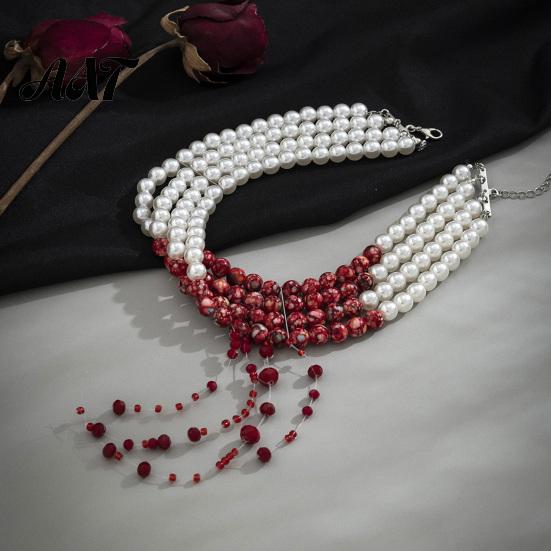 Mysterious Fashion Jewelry Gothic Blood Drop Choker, Layered Faux Pearl Necklace, Red Tassel Spooky Party Earrrings, Punk Style Vampire for