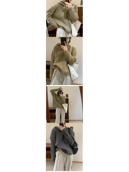 Women's Retro Korean-Style Cable Knit Hooded Sweater - Autumn/Winter Fashion