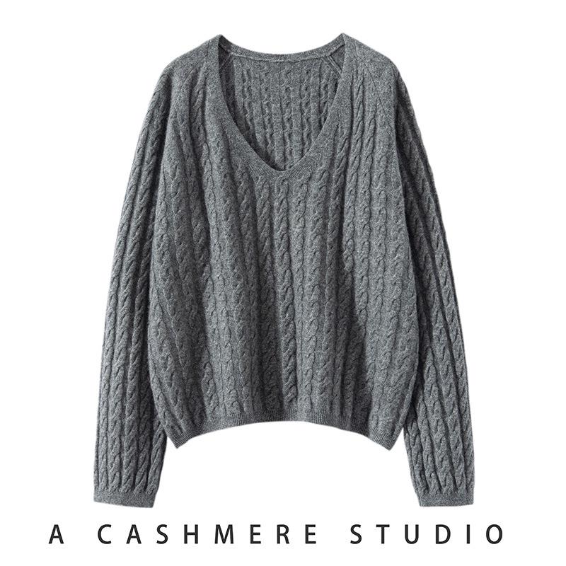 

Модный кашемировый свитер с V-образным вырезом и кабельной вязкой в корейском стиле для женщин One Size