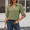 Versatile Women Casual V Neck Polo Top Fashionable Solid Color Three Quarter Sleeves
