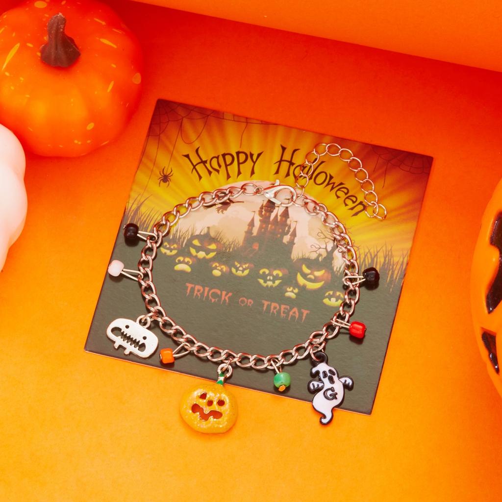 Halloween Pumpkin Spider Web Ghost Bat Witch Hat Pendant Bracelet Gothic Crystal Beads Chain Bangle For Women Men Party Jewelry
