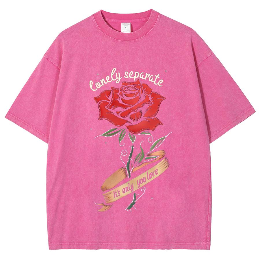 Romantic Rose-Print Women's T-Shirt Washed Fashionable Short-Sleeved Statement Features Oversized Tee Basics