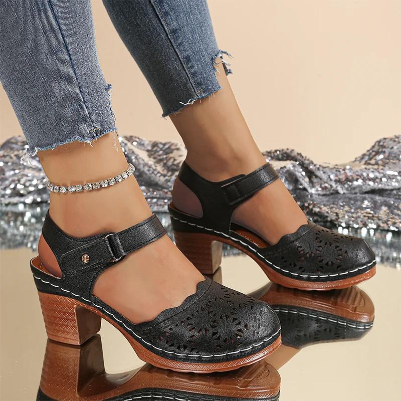 High Heels Women Sandals Chunky Cozy Walking Shoes Summer Pumps Dress Woman Slippers 2025 Trend Brand Hollow Sandalias De Mujer